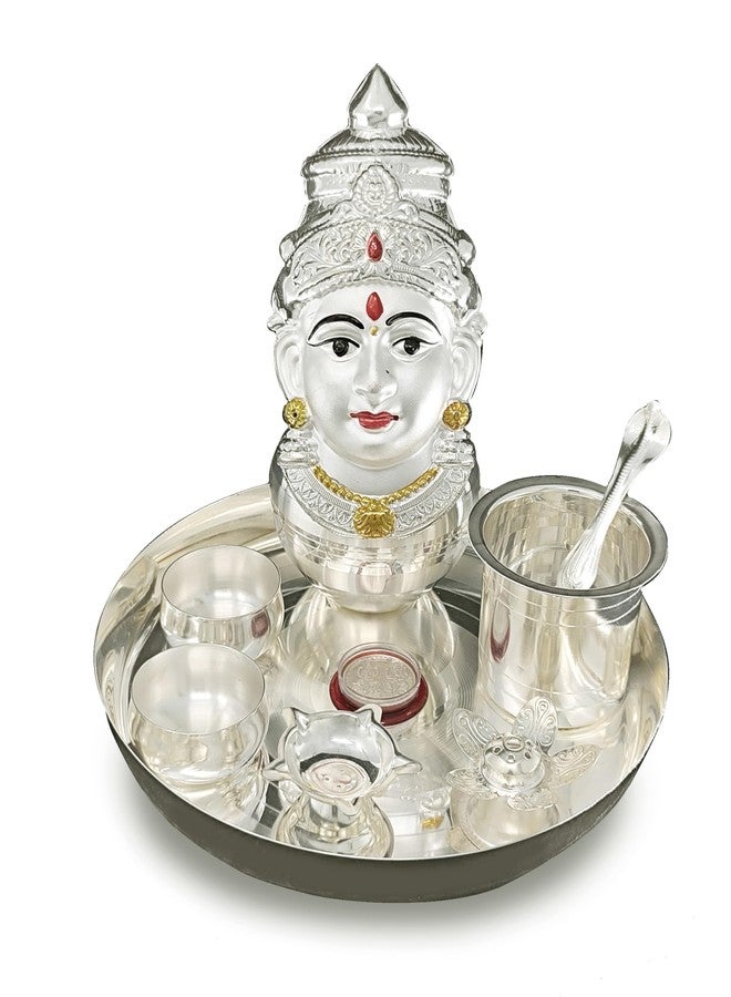 BENGALEN مجموعة BENGALEN Pooja thali مطلية بالفضة مع تمثال Varalakshmi Devi Mukhota Idol لمهرجان Varamahalakshmi Puja Thali هدايا - Image 1